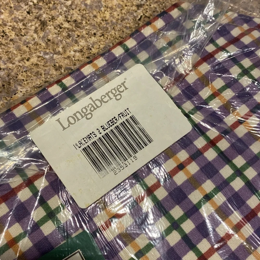 NIP Longaberger 2 Fabric Placemats Blueberry Plaid / Fruit Medley